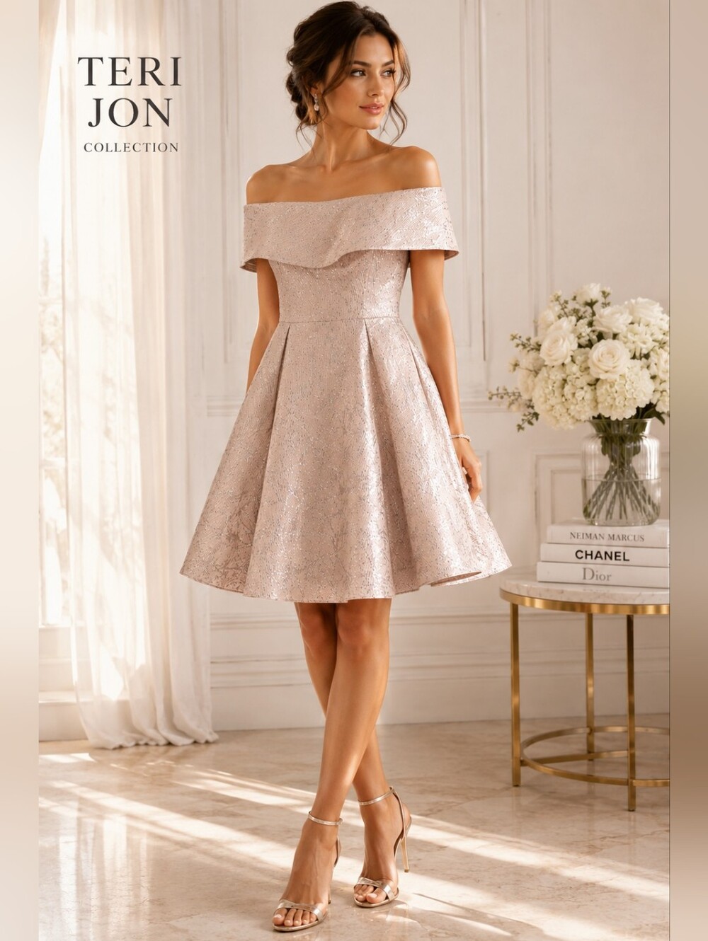 Teri Jon Metallic Jacquard Off Shoulder Fit & Flare Cocktail Party Dress Sz 6